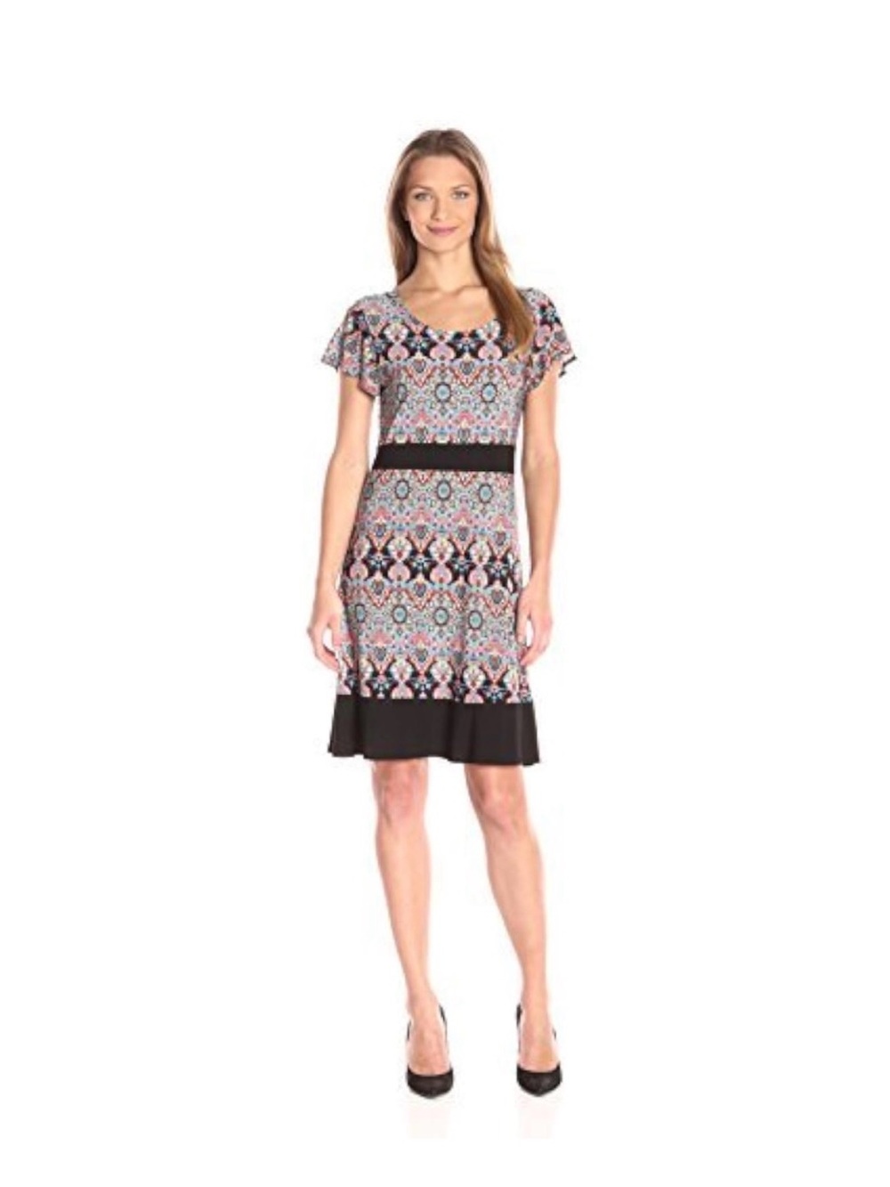 Star Vixen Multicolor Mosaic Print Short Sleeve Dress with Black Accents